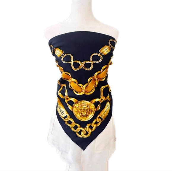 CHANEL Vintage Rare 31 Rue Cambon Paris Gold Link Chain 35" Silk Scarf/Foulard - Picture 10 of 13